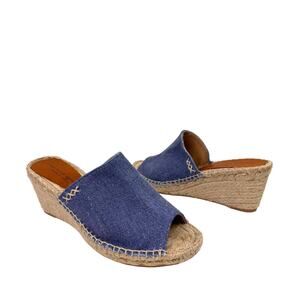 NWOT Patricia Green Womens Blue Denim Shen Peep Toe Wedge Espadrille Sandals 7